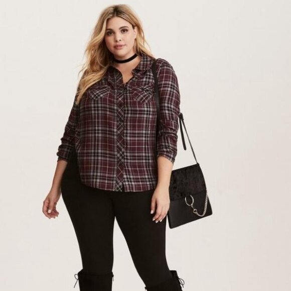 Women’s torrid 1 Purple Plaid Lace Inset Camp Button Down Shirt 14 16 1X 1XL - Picture 2 of 15